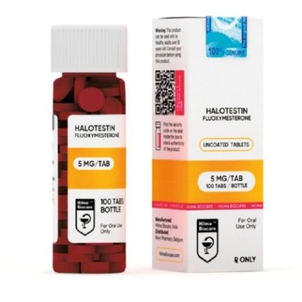 Halotestin 5 mg potent performance tablets box labeled with Hilma Biocare details